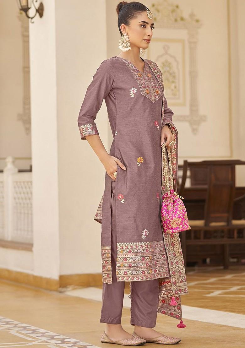 Magenta Woven Poly Blend Salwar Kameez With Dupatta