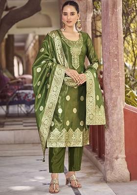 Green Embroidered Poly Blend Salwar Kameez With Dupatta