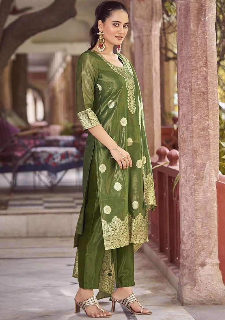 Green Embroidered Poly Blend Salwar Kameez With Dupatta