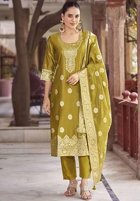 Mustard Yellow Embroidered Poly Blend Salwar Kameez With Dupatta