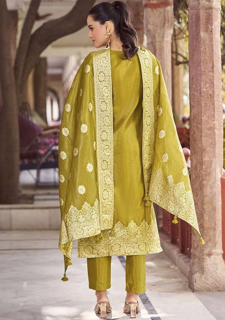 Mustard Yellow Embroidered Poly Blend Salwar Kameez With Dupatta