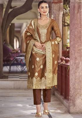Rust Orange Embroidered Poly Blend Salwar Kameez With Dupatta