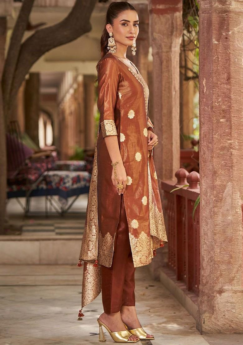 Rust Orange Embroidered Poly Blend Salwar Kameez With Dupatta