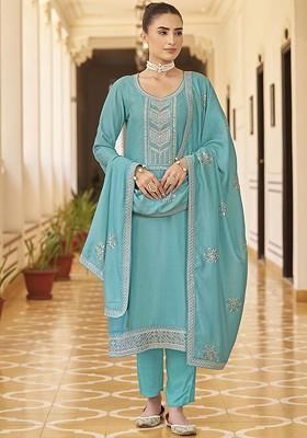 Blue Embroidered Poly Blend Salwar Kameez With Dupatta