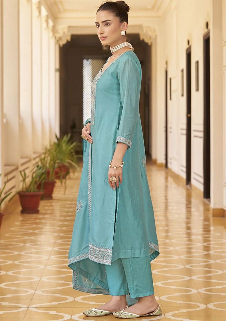 Blue Embroidered Poly Blend Salwar Kameez With Dupatta
