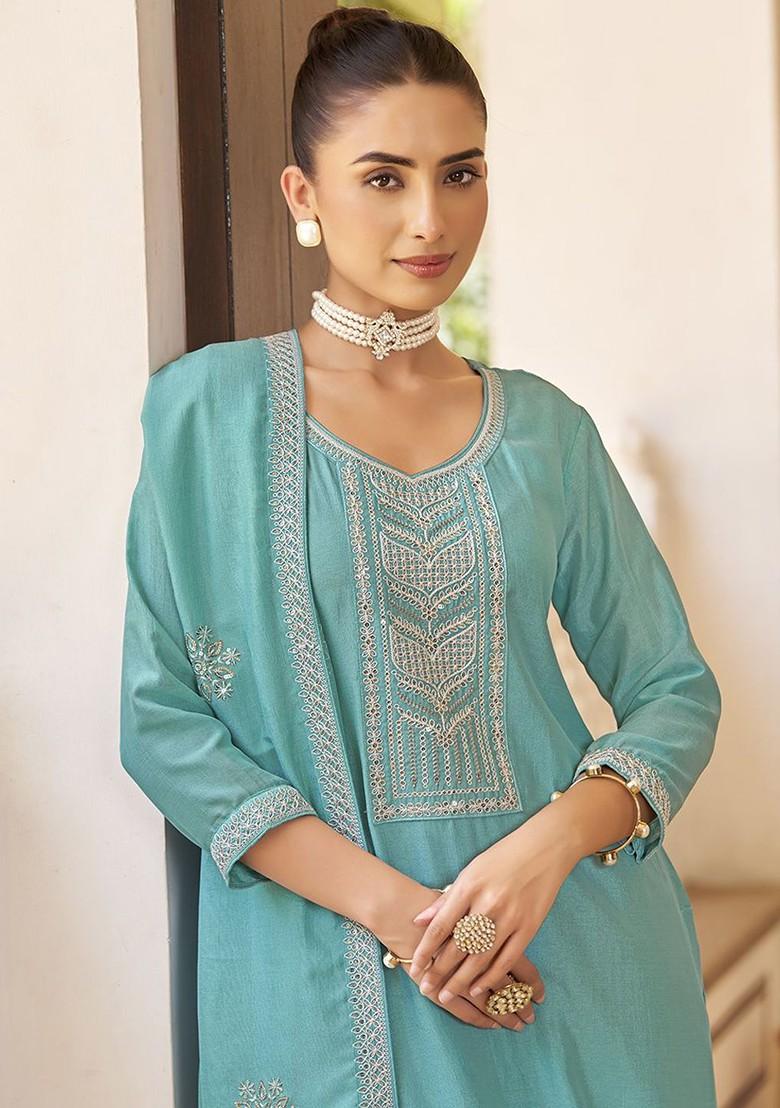 Blue Embroidered Poly Blend Salwar Kameez With Dupatta