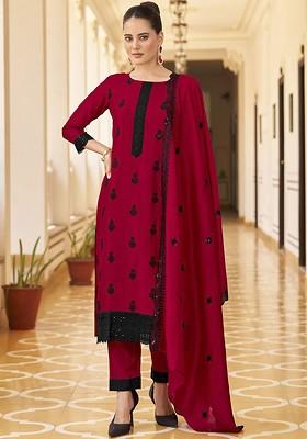 Red Embroidered Poly Blend Salwar Kameez With Dupatta