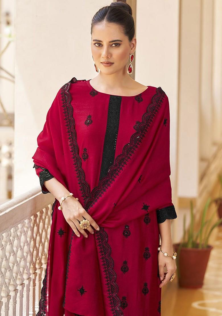 Red Embroidered Poly Blend Salwar Kameez With Dupatta