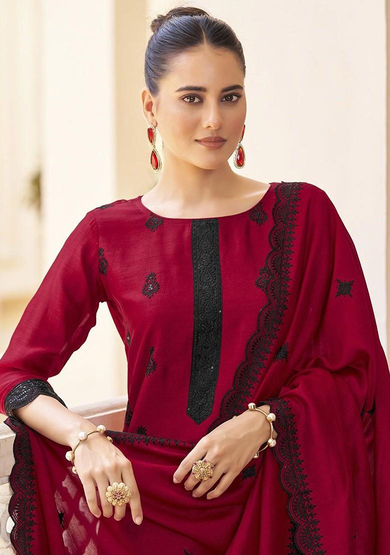 Red Embroidered Poly Blend Salwar Kameez With Dupatta