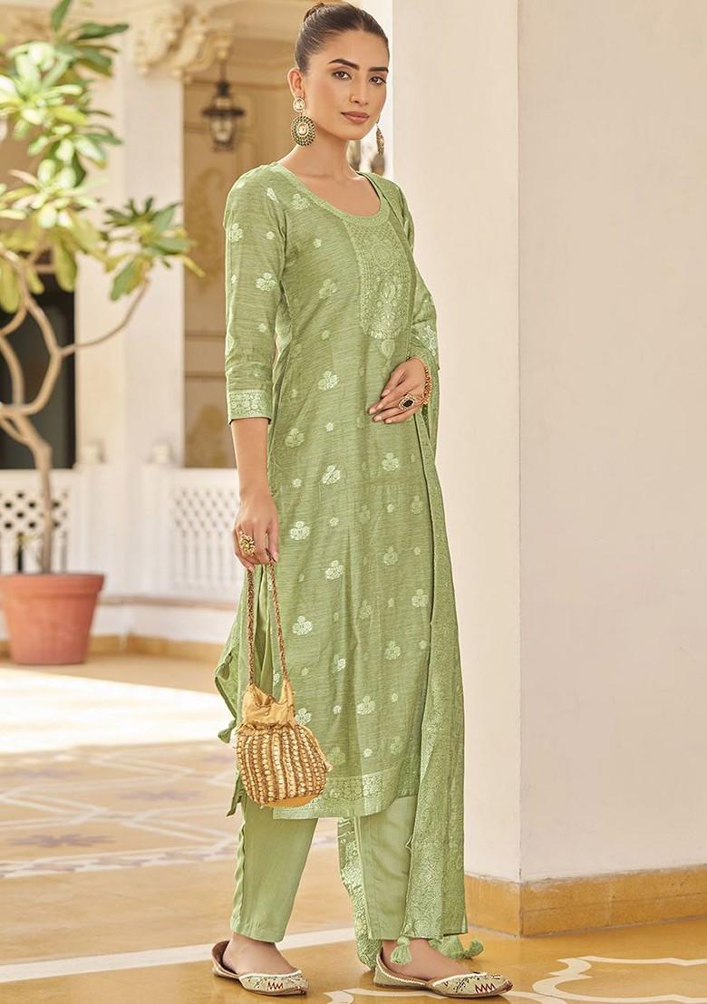 Green Embroidered Poly Blend Salwar Kameez With Dupatta