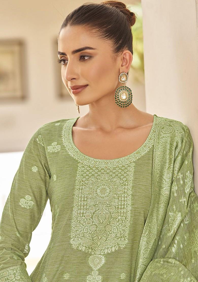 Green Embroidered Poly Blend Salwar Kameez With Dupatta