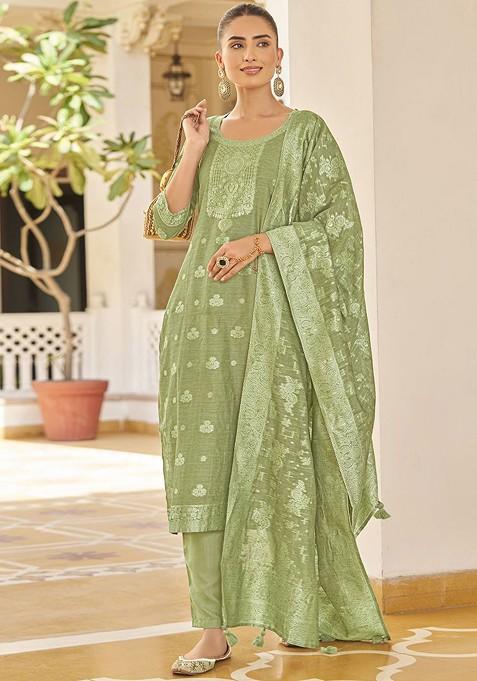 Green Embroidered Poly Blend Salwar Kameez With Dupatta