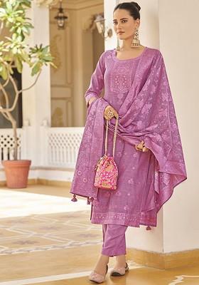 Pink Floral Embroidered Poly Blend Salwar Kameez With Dupatta