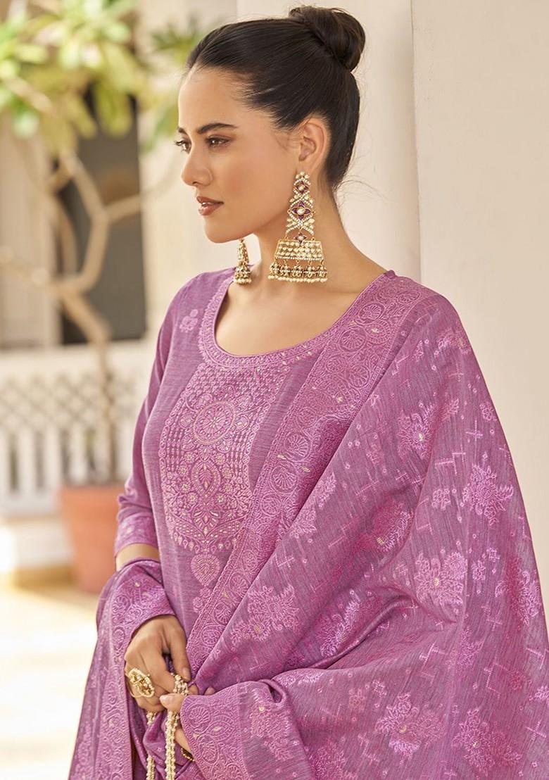 Pink Floral Embroidered Poly Blend Salwar Kameez With Dupatta