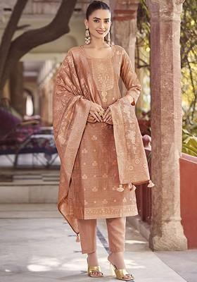 Rust Orange Embroidered Poly Blend Salwar Kameez With Dupatta