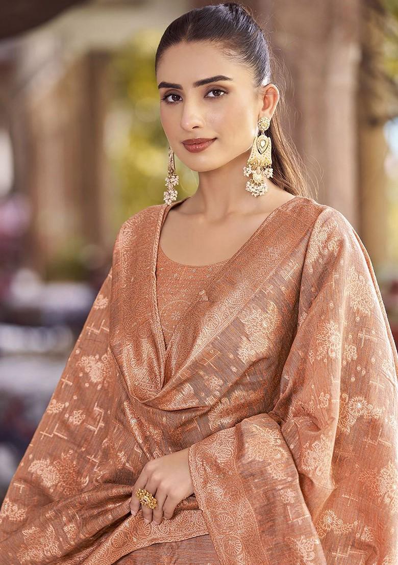 Rust Orange Embroidered Poly Blend Salwar Kameez With Dupatta