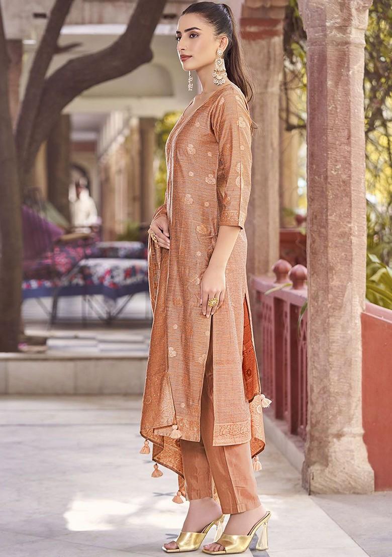 Rust Orange Embroidered Poly Blend Salwar Kameez With Dupatta