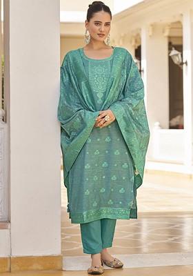 Turquoise Blue Embroidered Poly Blend Salwar Kameez With Dupatta