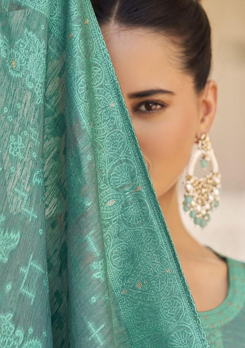 Turquoise Blue Embroidered Poly Blend Salwar Kameez With Dupatta