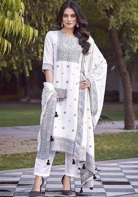 White Embroidered Muslin Salwar Kameez With Dupatta
