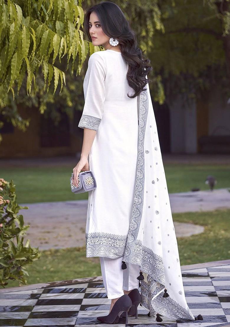 White Embroidered Muslin Salwar Kameez With Dupatta