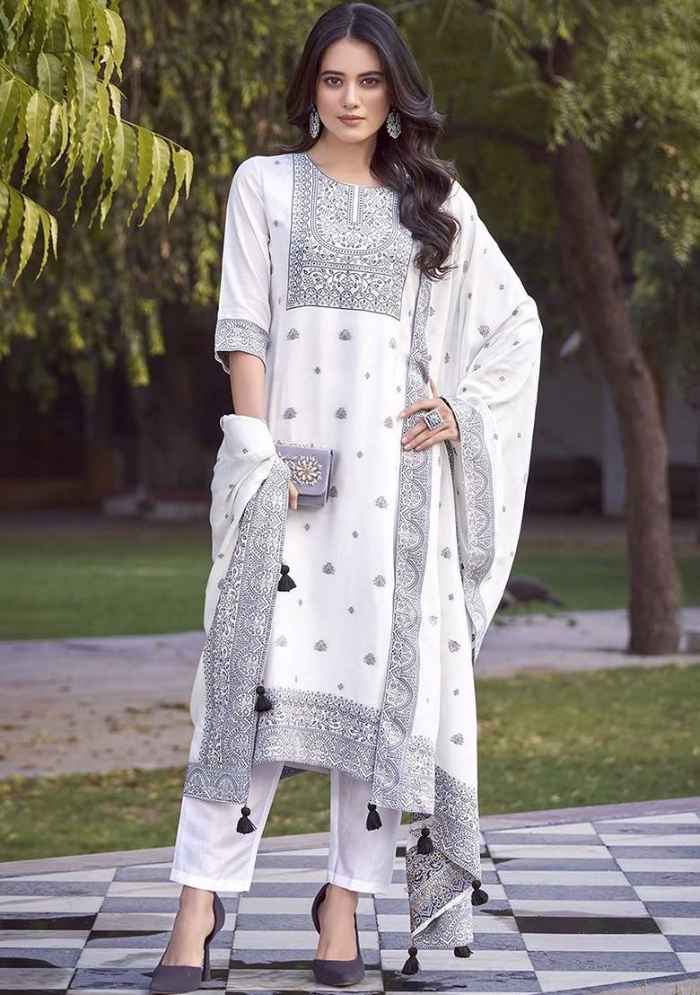 White Embroidered Muslin Salwar Kameez With Dupatta
