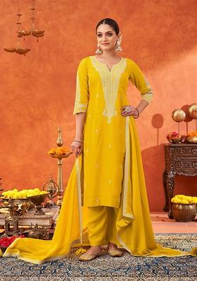 Yellow Zari Poly Blend Salwar Kameez With Dupatta