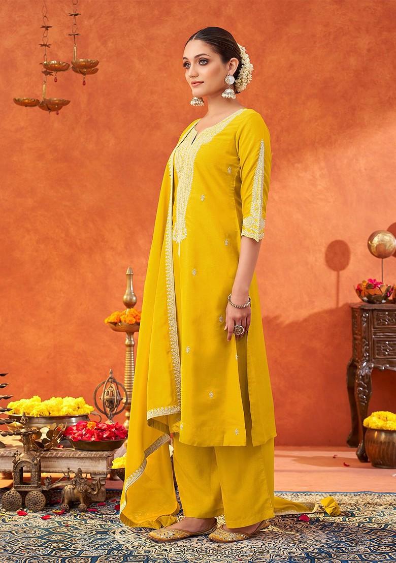 Yellow Zari Poly Blend Salwar Kameez With Dupatta