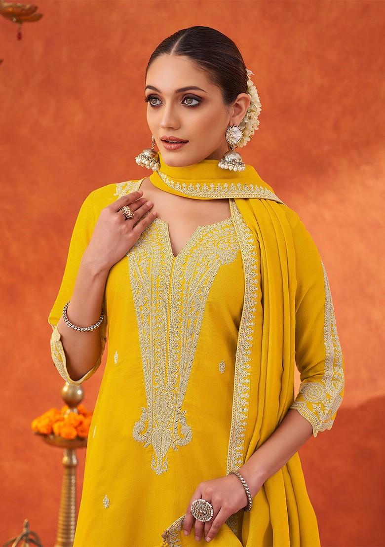 Yellow Zari Poly Blend Salwar Kameez With Dupatta