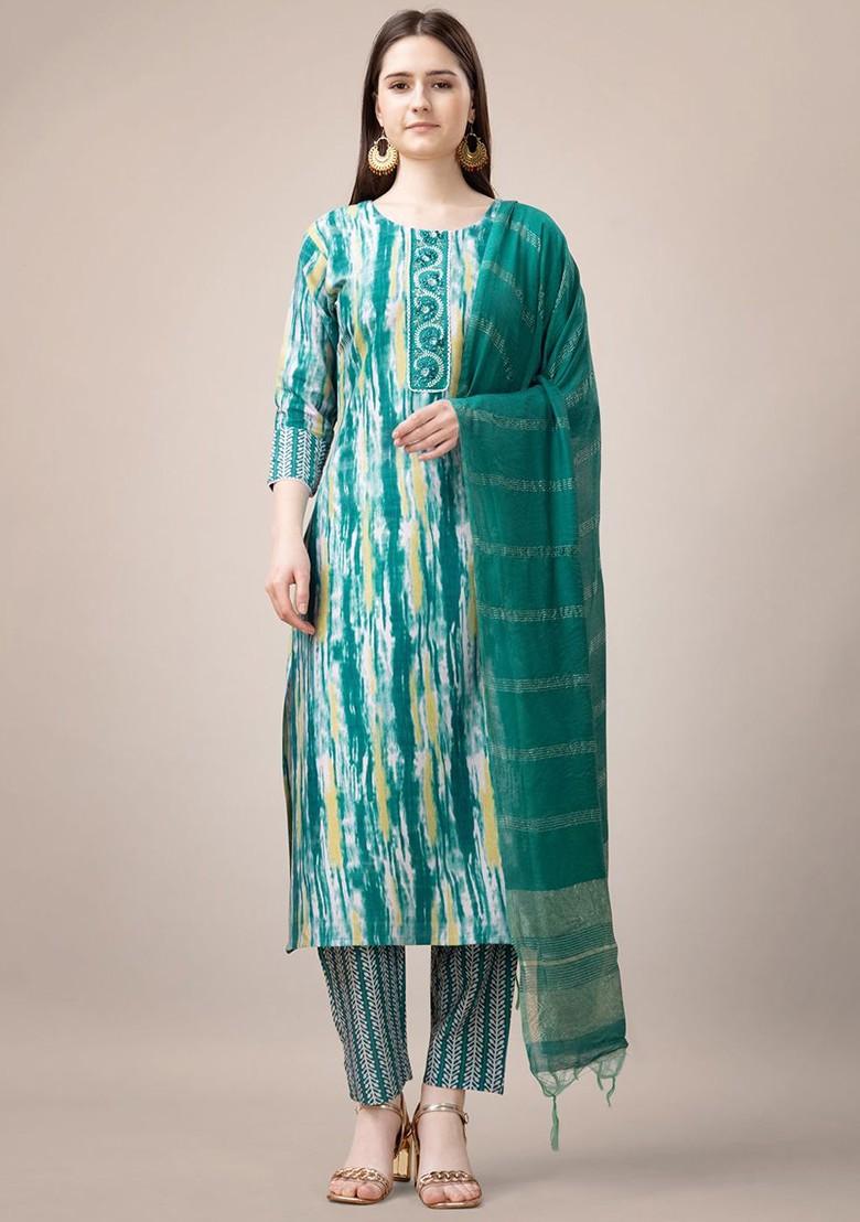 Green Embroidered Poly Blend Salwar Kameez With Dupatta