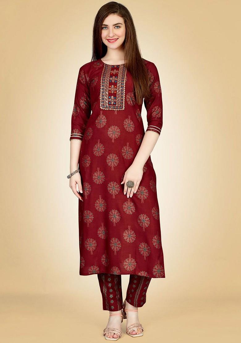 Maroon Paisley Embroidered Poly Blend Salwar Kameez With Dupatta