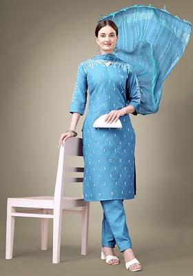 Blue Paisley Embroidered Poly Blend Salwar Kameez With Dupatta