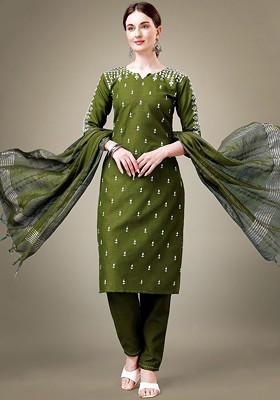 Green Floral Embroidered Poly Blend Salwar Kameez With Dupatta