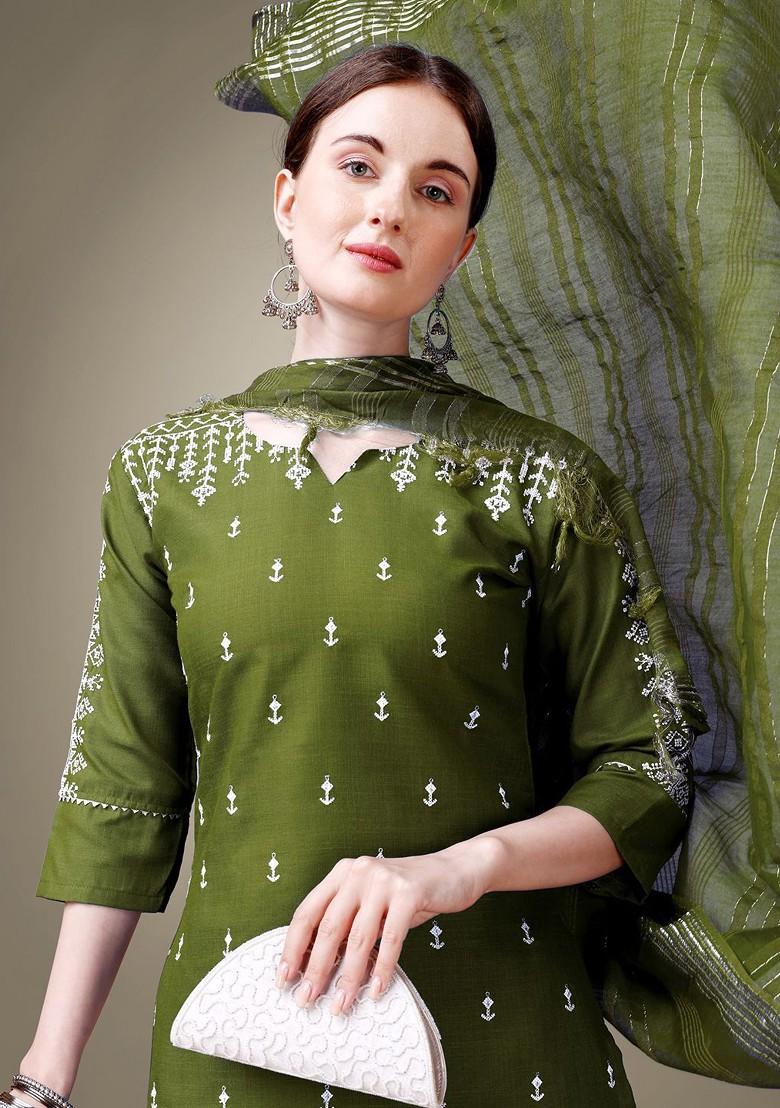 Green Floral Embroidered Poly Blend Salwar Kameez With Dupatta