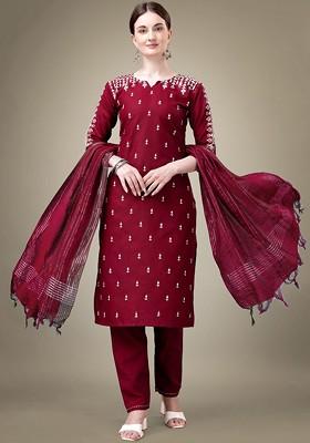 Maroon Floral Embroidered Poly Blend Salwar Kameez With Dupatta