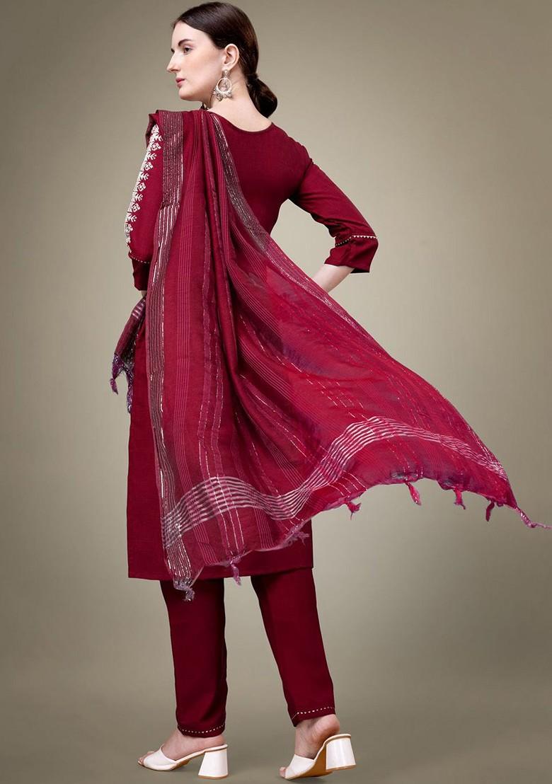 Maroon Floral Embroidered Poly Blend Salwar Kameez With Dupatta