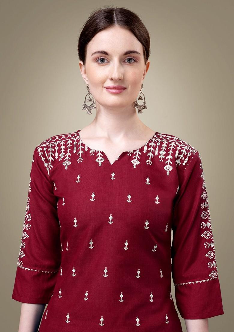 Maroon Floral Embroidered Poly Blend Salwar Kameez With Dupatta