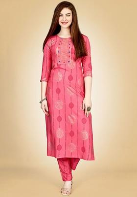 Pink Embroidered Poly Blend Salwar Kameez With Dupatta