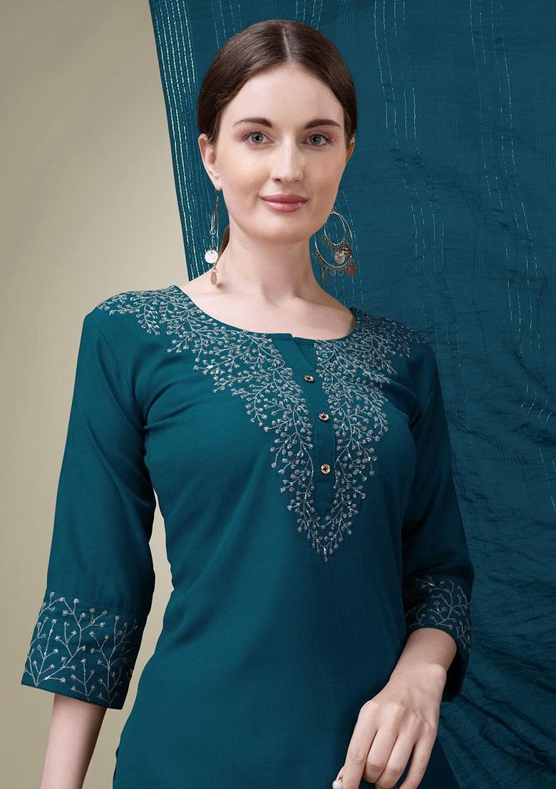 Blue Floral Embroidered Poly Blend Salwar Kameez With Dupatta