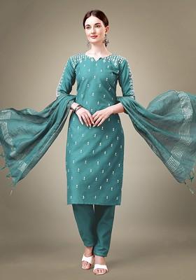Teal Green Embroidered Poly Blend Salwar Kameez With Dupatta