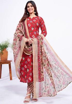 Red Floral Printed Poly Blend Salwar Kameez With Dupatta