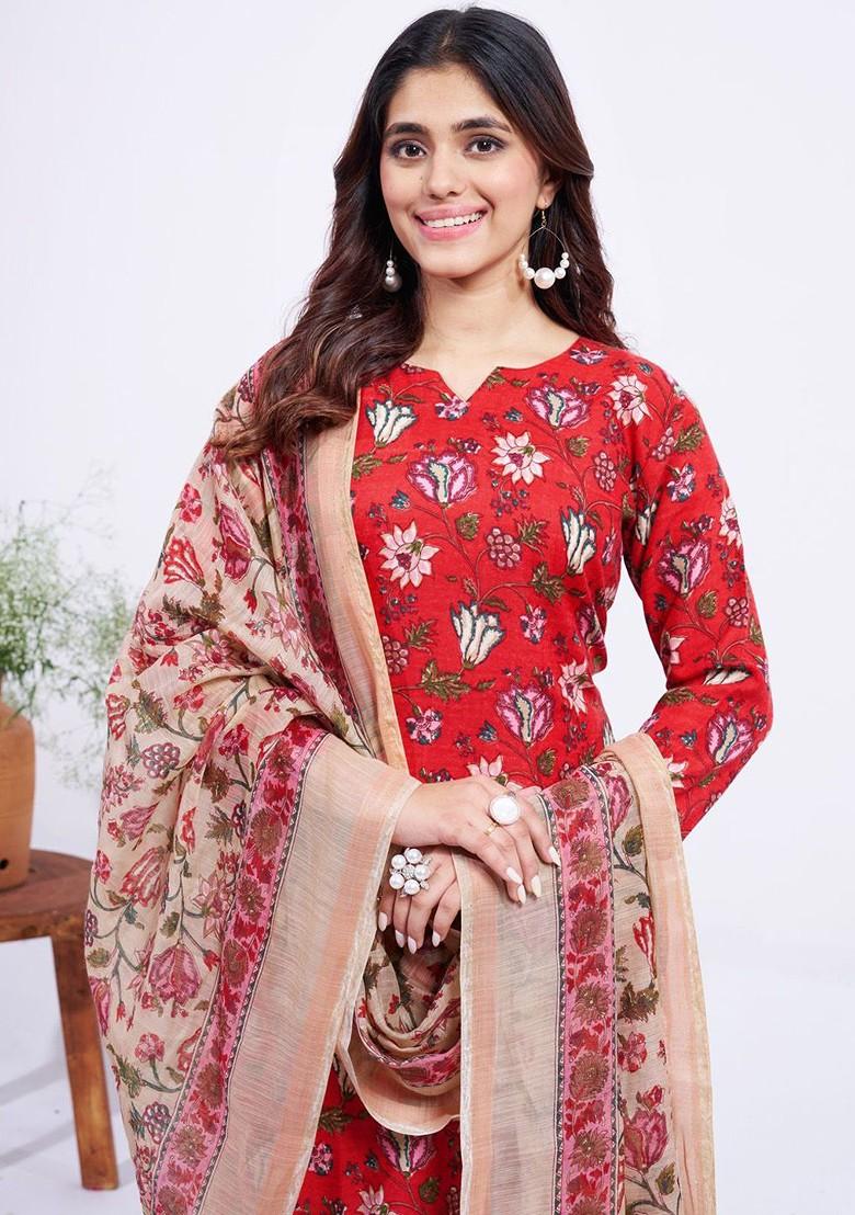 Red Floral Printed Poly Blend Salwar Kameez With Dupatta
