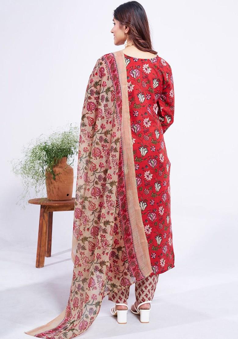 Red Floral Printed Poly Blend Salwar Kameez With Dupatta