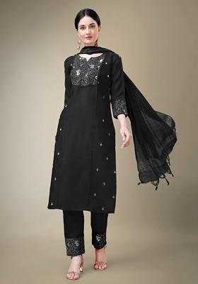 Black Floral Embroidered Poly Blend Salwar Kameez With Dupatta
