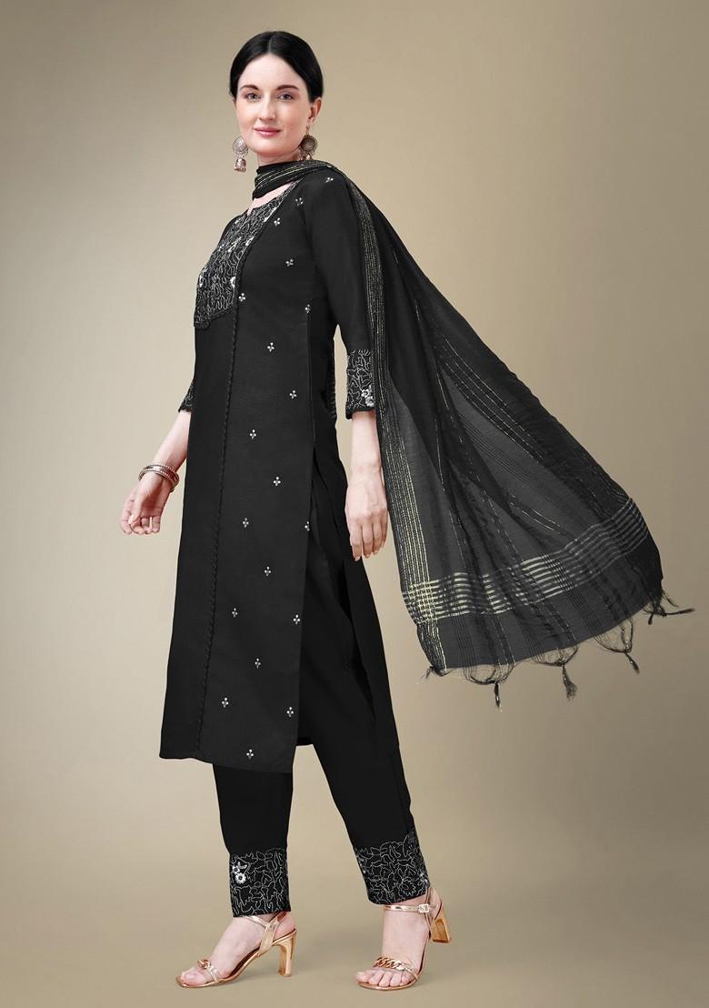 Black Floral Embroidered Poly Blend Salwar Kameez With Dupatta