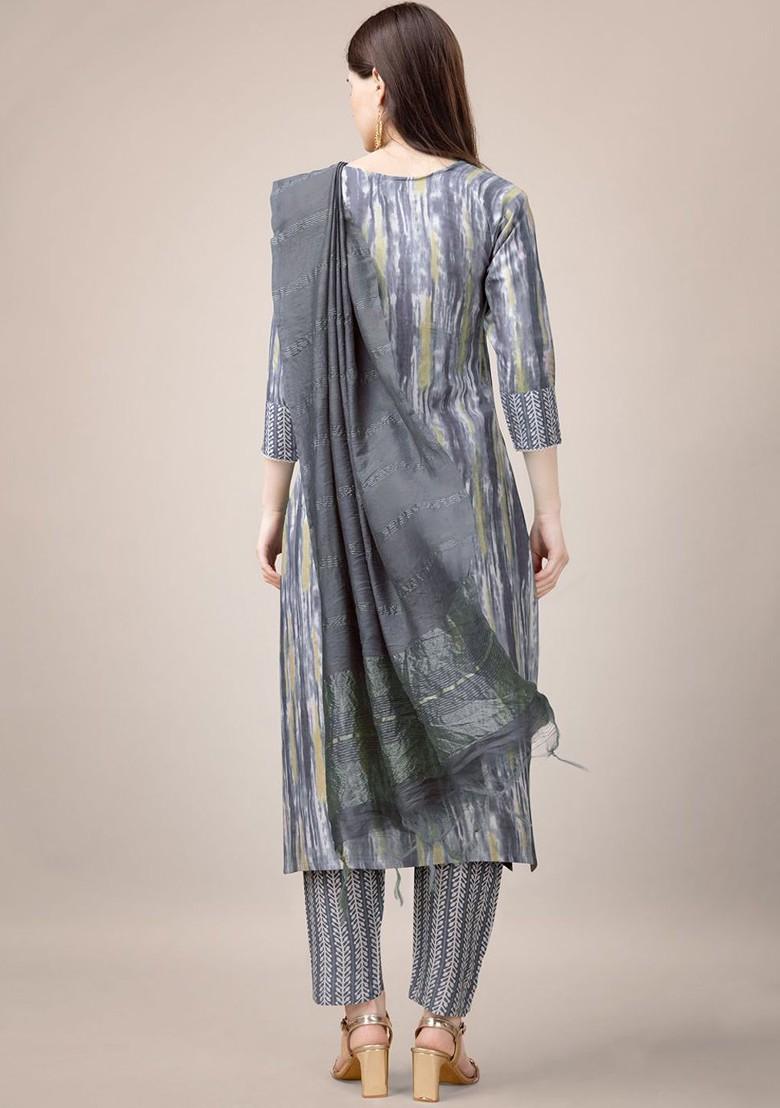 Grey Abstract Print Poly Blend Salwar Kameez With Dupatta