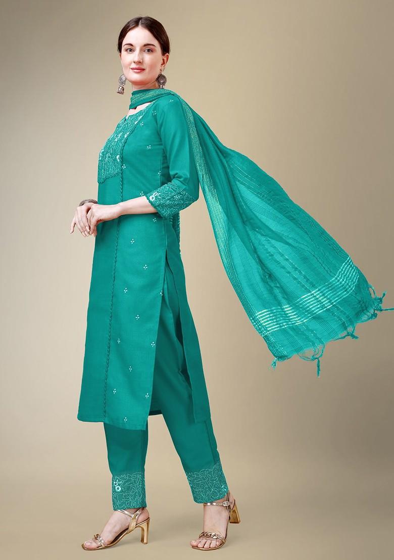 Green Embellished Poly Blend Salwar Kameez With Dupatta