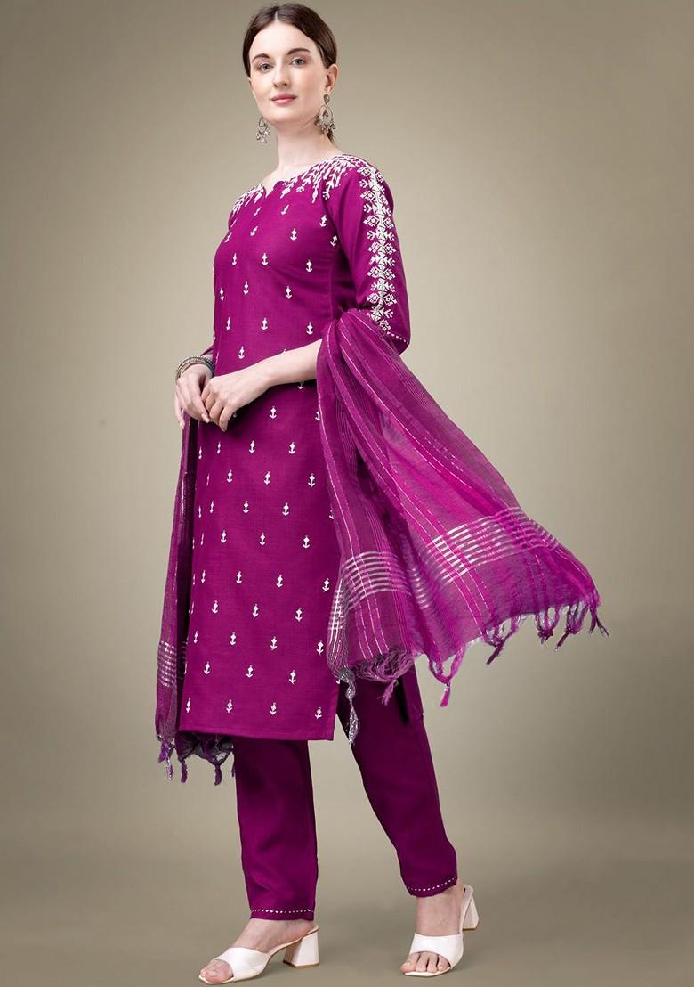 Purple Embroidered Poly Blend Salwar Kameez With Dupatta