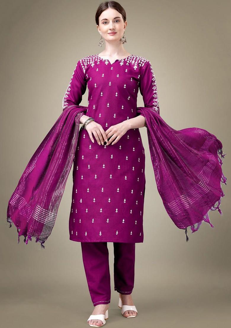 Purple Embroidered Poly Blend Salwar Kameez With Dupatta