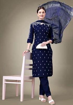 Navy Blue Embroidered Poly Blend Salwar Kameez With Dupatta